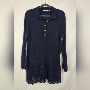 Soft Surroundings Jiada Gauzy Linen Navy Boho Tunic Top sz L Crochet Lace Trim